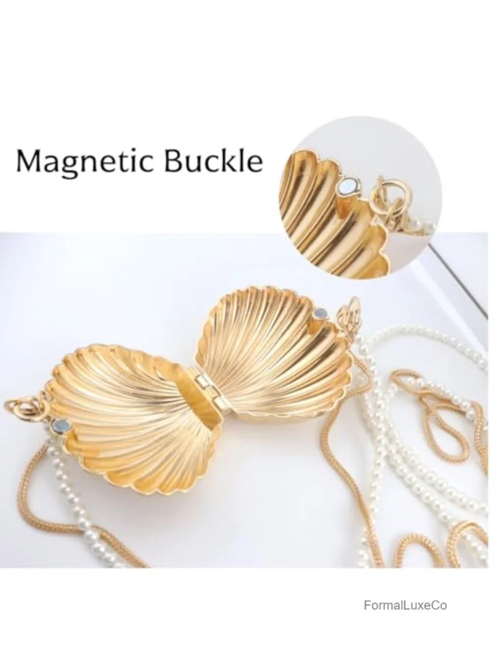 Mini Gold Seashell Crossbody Bag with Detachable Pearl & Metal Double Chains